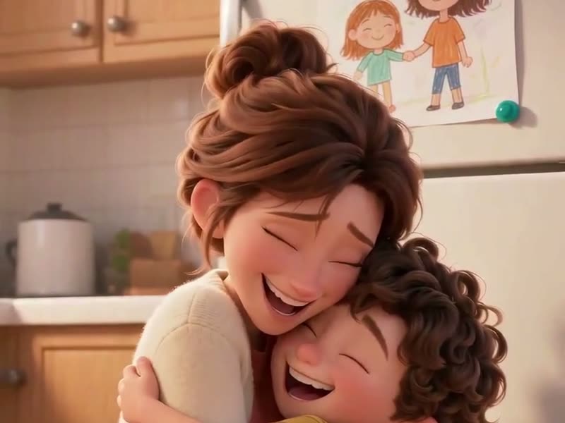 AI-generated scene from The Drawing: mother and son hugging by the fridge.