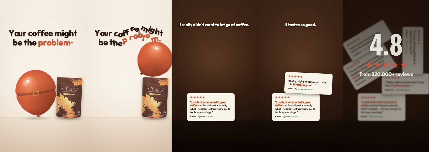 Five frames: a balloon knocks the headline letters loose, then review cards fall and pile up under the star rating.